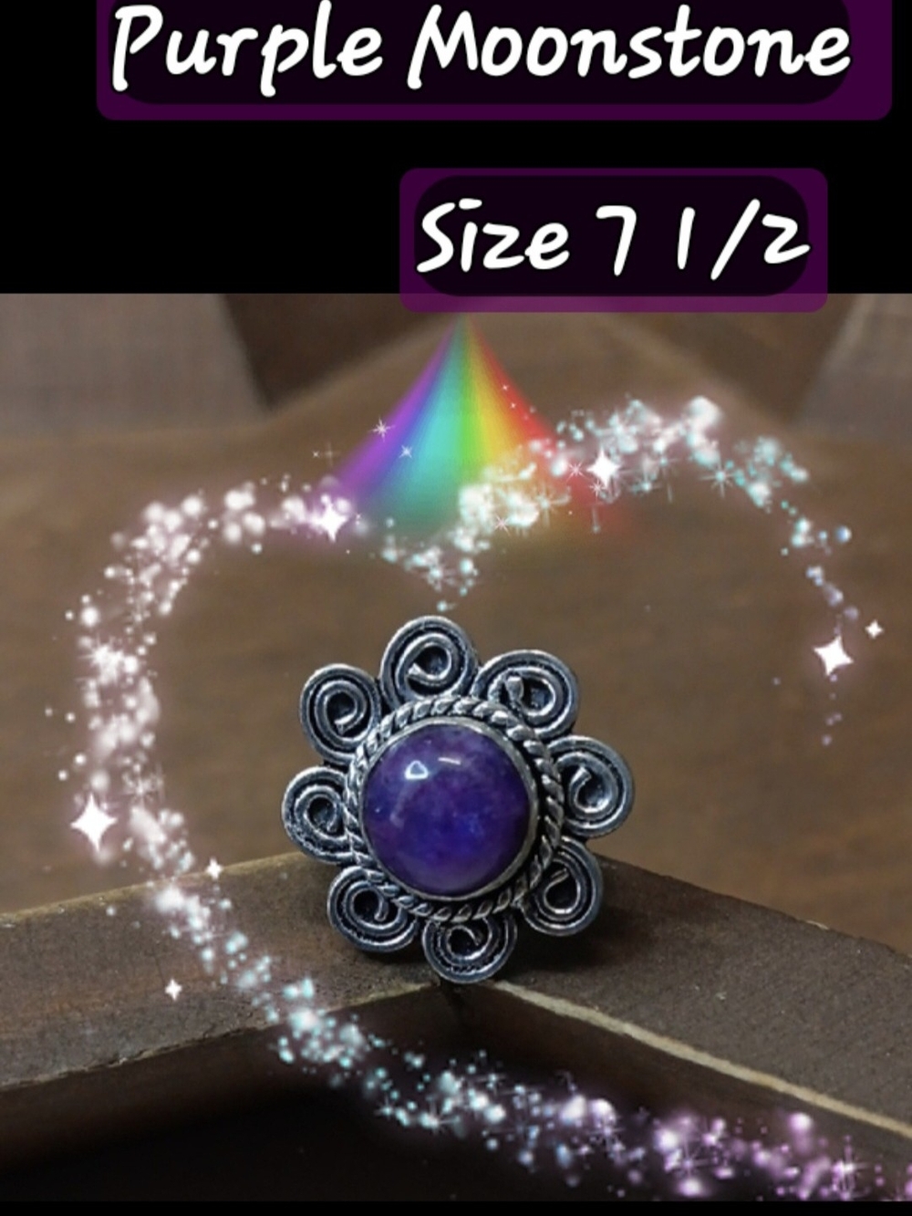 Dazzling, Dainty, De elicate, Round Purple Moonstone With Floral Design~ Size 7½